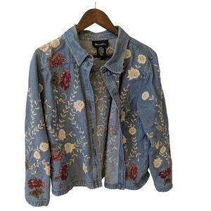 Blue Jean Embroidered Jacket Button Up Artsy Boho Sz L